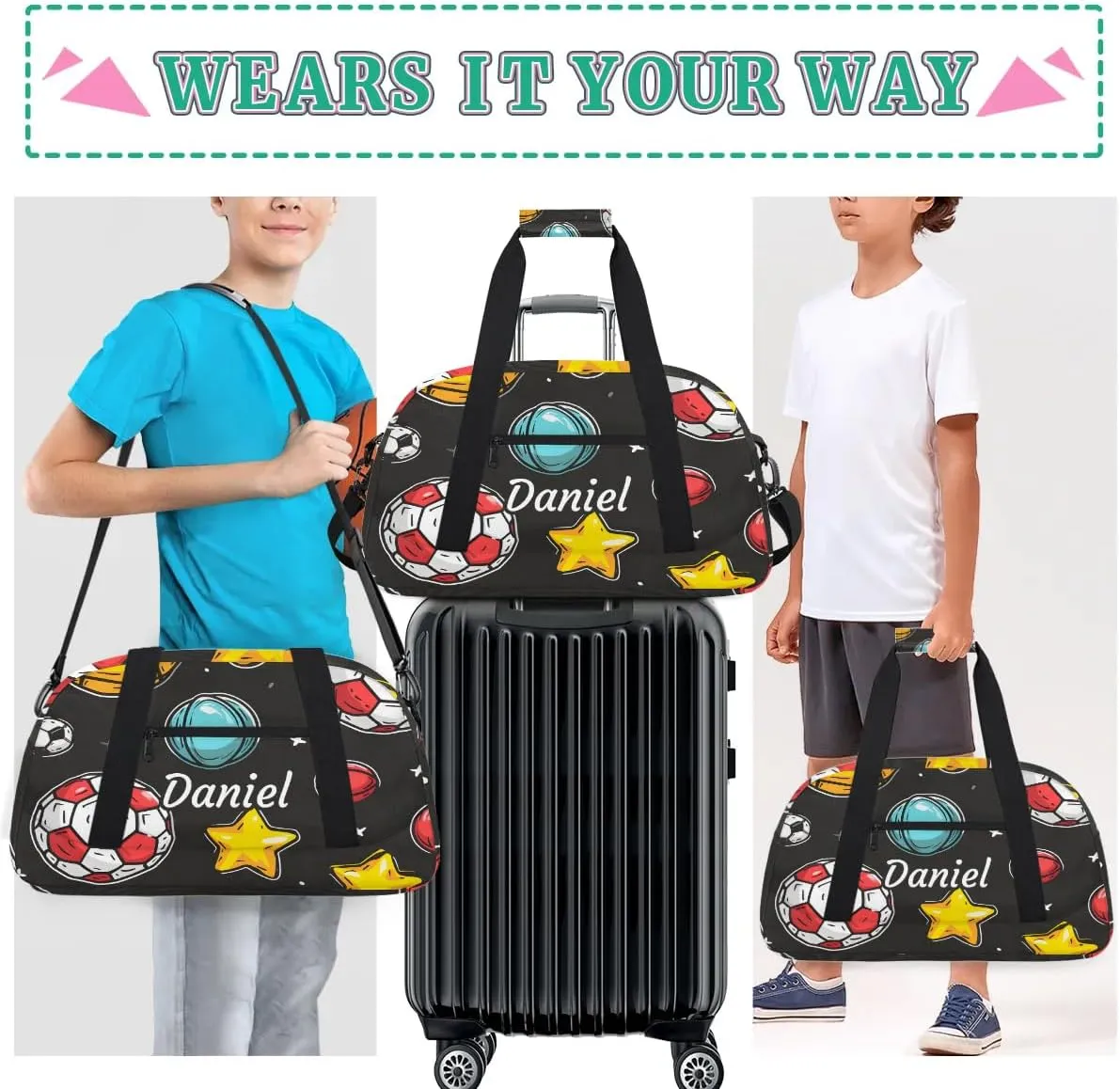Personalized Duffel Bags for Kids Custom Gym Bag Small Dance Bag Luggage Bags for Boys and Girls Soccer Stars