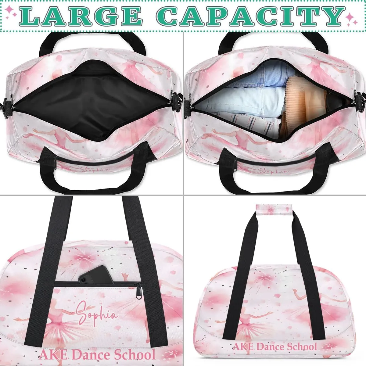 Personalized Duffel Bags for Kids Gym Bag with Name Small Dance Bag for Girls Luggage Bags Pink Dancer