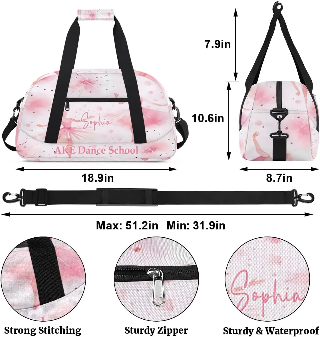 Personalized Duffel Bags for Kids Gym Bag with Name Small Dance Bag for Girls Luggage Bags Pink Dancer