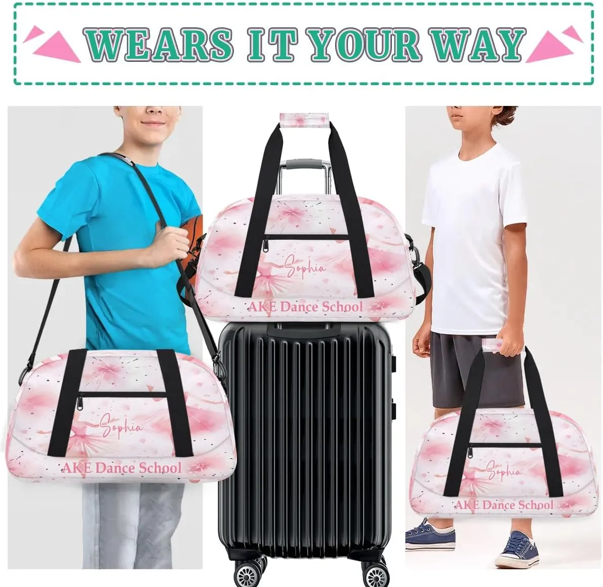 Personalized Duffel Bags for Kids Gym Bag with Name Small Dance Bag for Girls Luggage Bags Pink Dancer