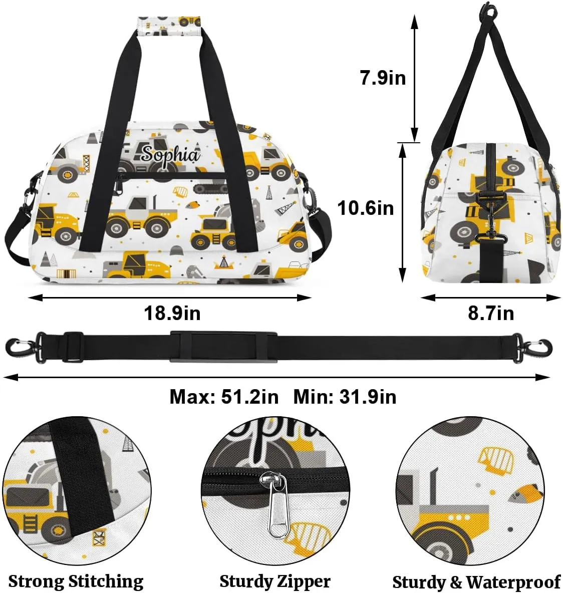 Personalized Duffel Bags for Kids Gym Bag with Name Small Kids Duffel Bag Boys Luggage Bags Yellow Cars