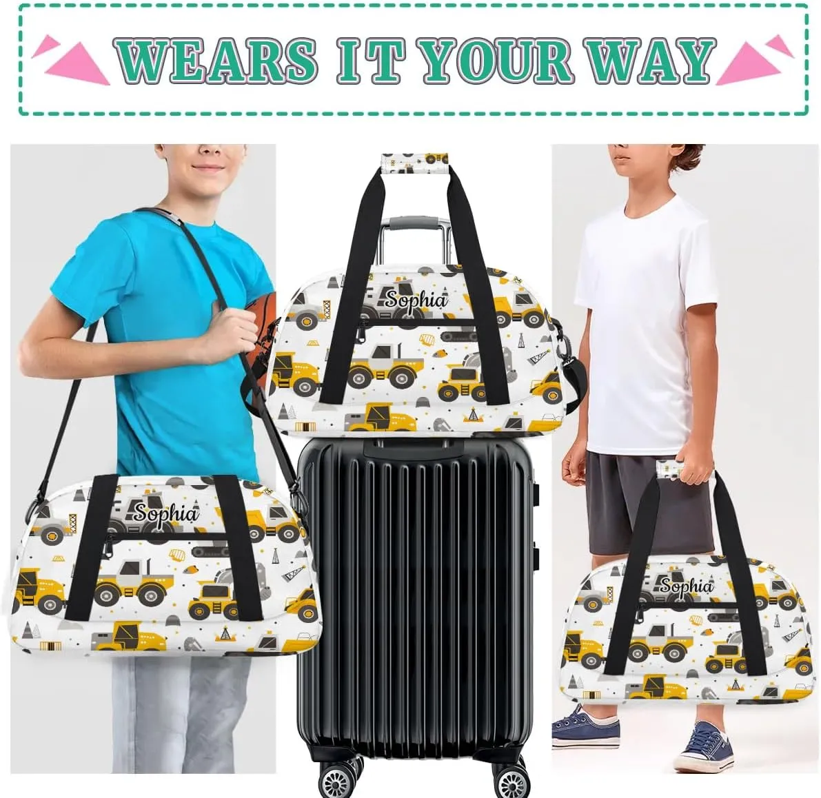Personalized Duffel Bags for Kids Gym Bag with Name Small Kids Duffel Bag Boys Luggage Bags Yellow Cars