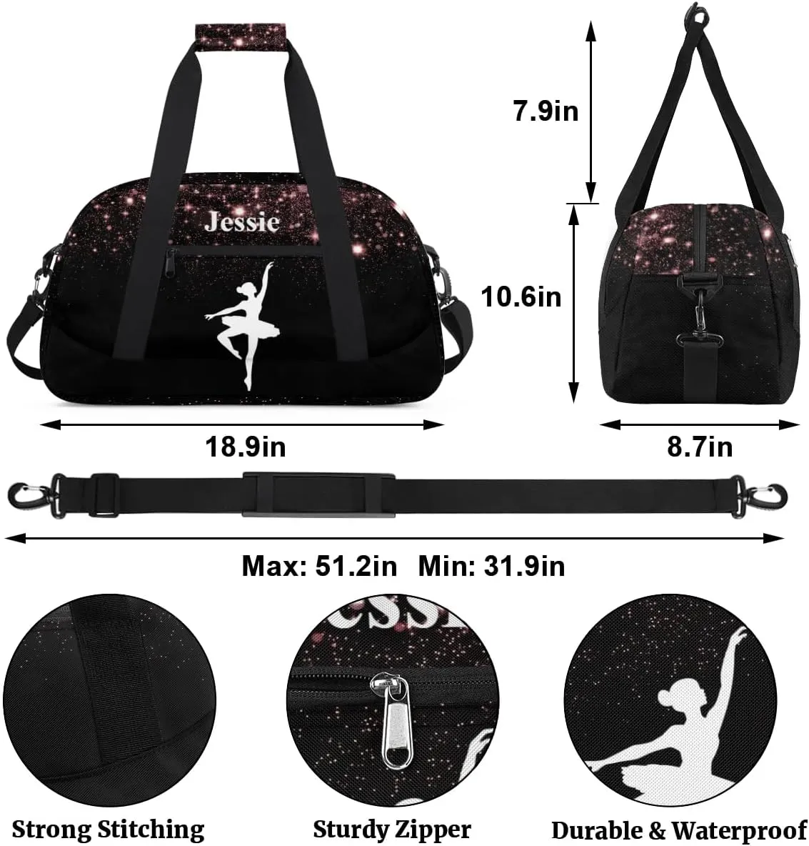 Personalized Duffels Bags for Kids Custom Gym Bag Small Dance Bag Travel Luggage Bags for Sports Red Glitter Print