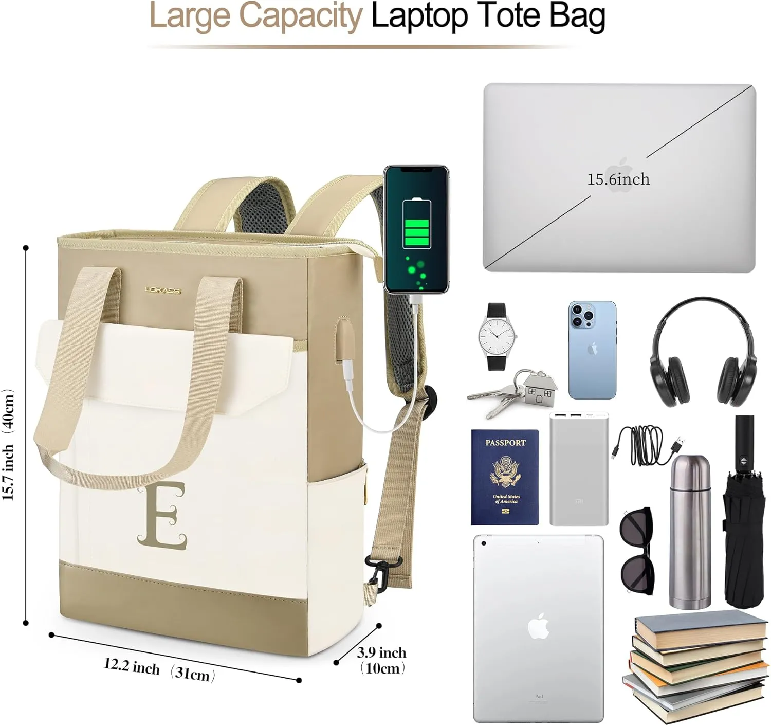 Personalized Initial Laptop Tote Bag Women-15.6" Backpack Purse with USB Port, 2023 Christmas Gift/Birthday Gifts for Women/Teen Girls/Coworker/Colleage, Waterproof Teacher Work Bag-Letter B