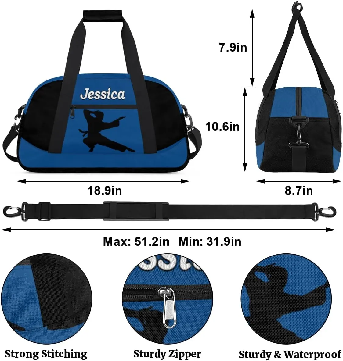 Personalized Kids Gym Bag, Custom Sport Duffel Bag for Boys - Overnight Weekender Bag Carry on Tote for Airplane Swim Travel - Taekwondo Blue