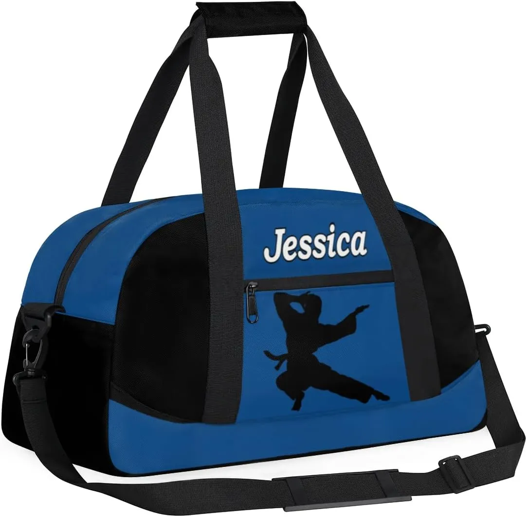 Personalized Kids Gym Bag, Custom Sport Duffel Bag for Boys - Overnight Weekender Bag Carry on Tote for Airplane Swim Travel - Taekwondo Blue