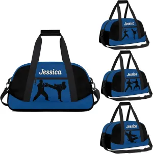Personalized Kids Gym Bag, Custom Sport Duffel Bag for Boys - Overnight Weekender Bag Carry on Tote for Airplane Swim Travel - Taekwondo Blue