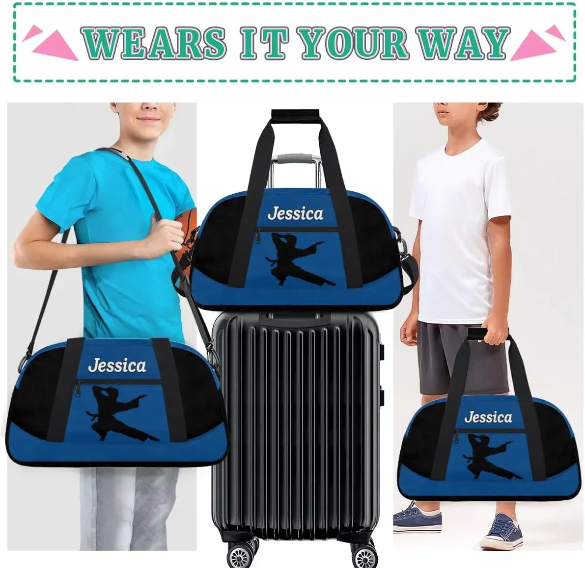 Personalized Kids Gym Bag, Custom Sport Duffel Bag for Boys - Overnight Weekender Bag Carry on Tote for Airplane Swim Travel - Taekwondo Blue
