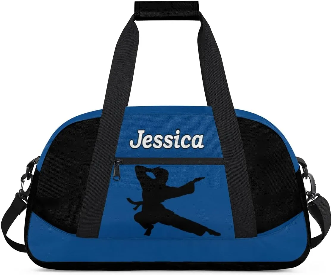 Personalized Kids Gym Bag, Custom Sport Duffel Bag for Boys - Overnight Weekender Bag Carry on Tote for Airplane Swim Travel - Taekwondo Blue
