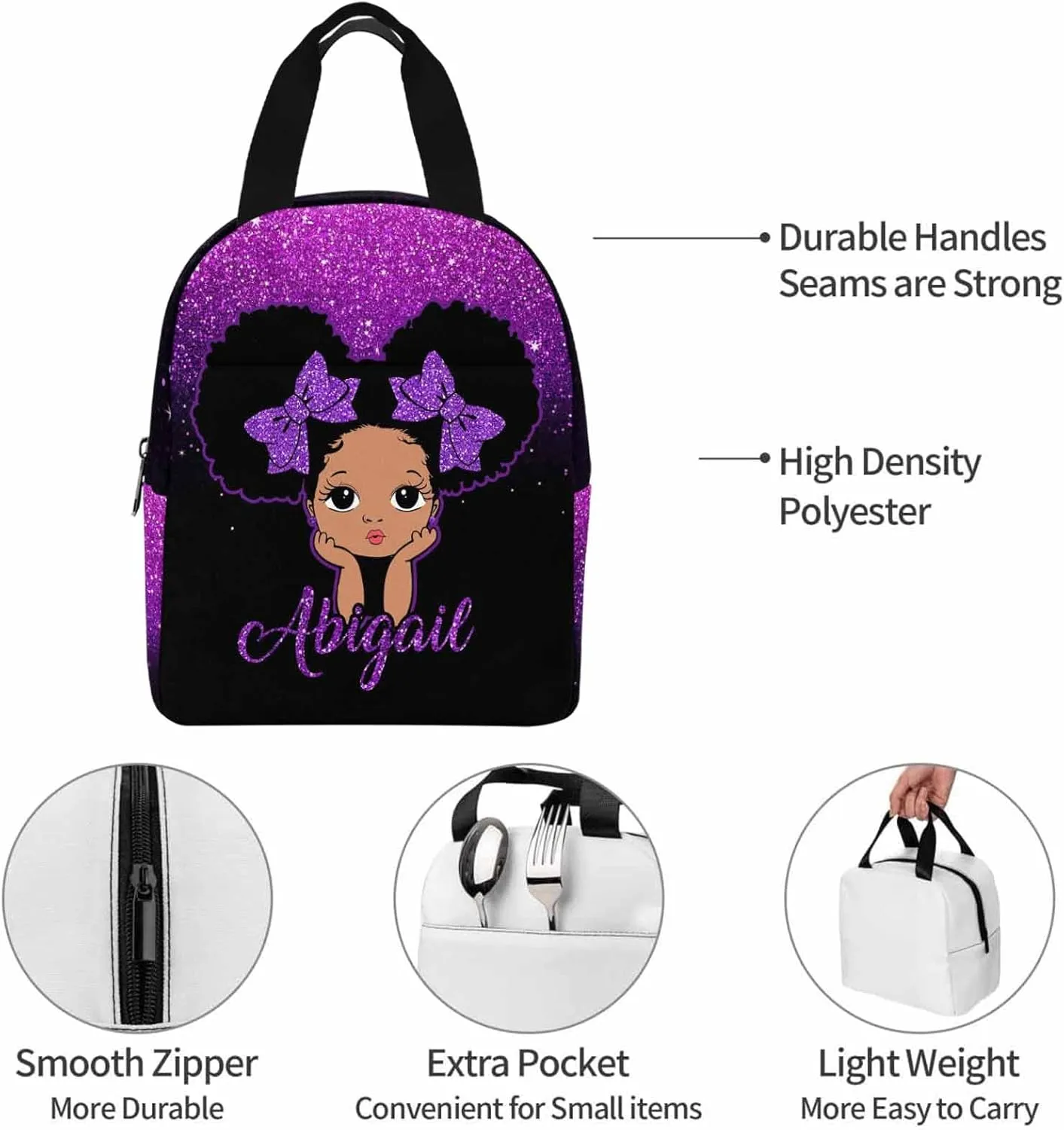 Personalized Schoolbag Set for Daughter from Mom, Custom Purple Glitter Shoulders Bag Customized Name Backpack Lunchbox Set Casual Daypack for Teenagers