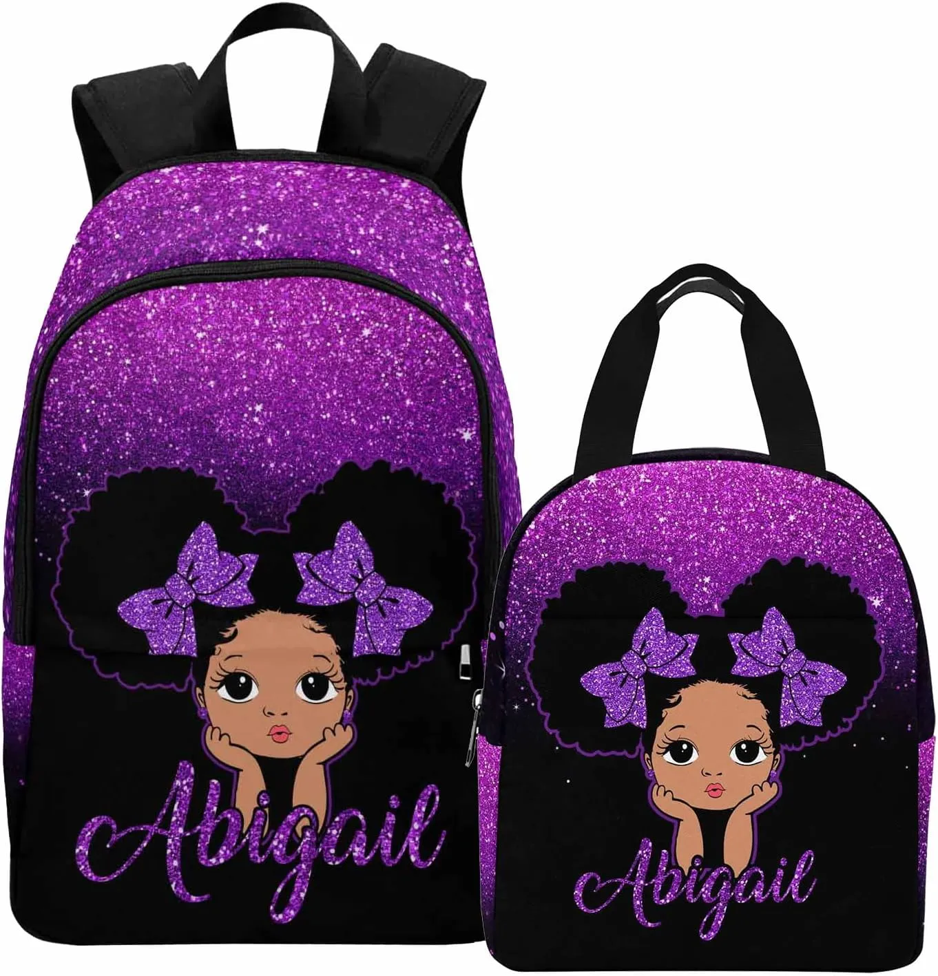 Personalized Schoolbag Set for Daughter from Mom, Custom Purple Glitter Shoulders Bag Customized Name Backpack Lunchbox Set Casual Daypack for Teenagers