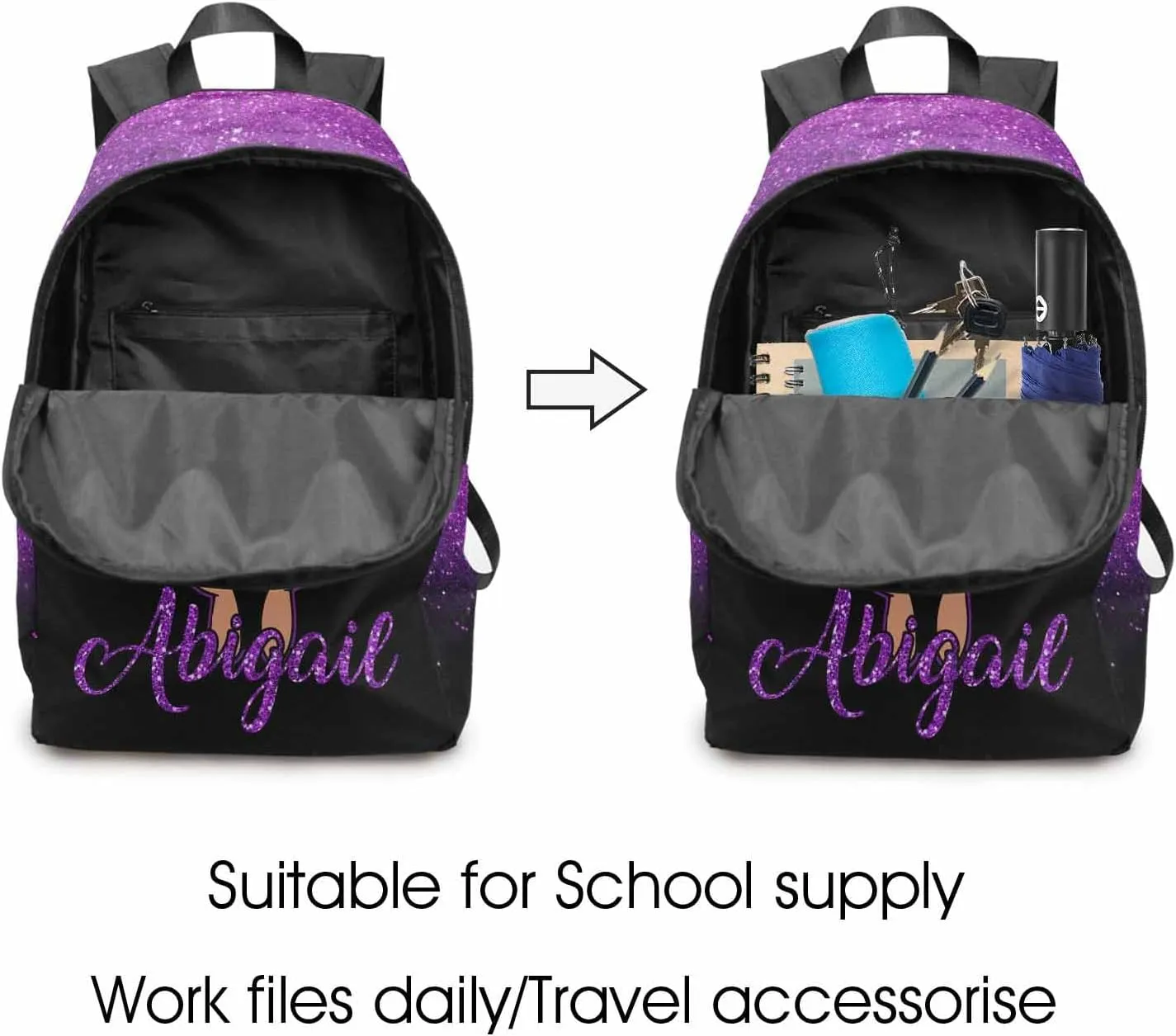 Personalized Schoolbag Set for Daughter from Mom, Custom Purple Glitter Shoulders Bag Customized Name Backpack Lunchbox Set Casual Daypack for Teenagers