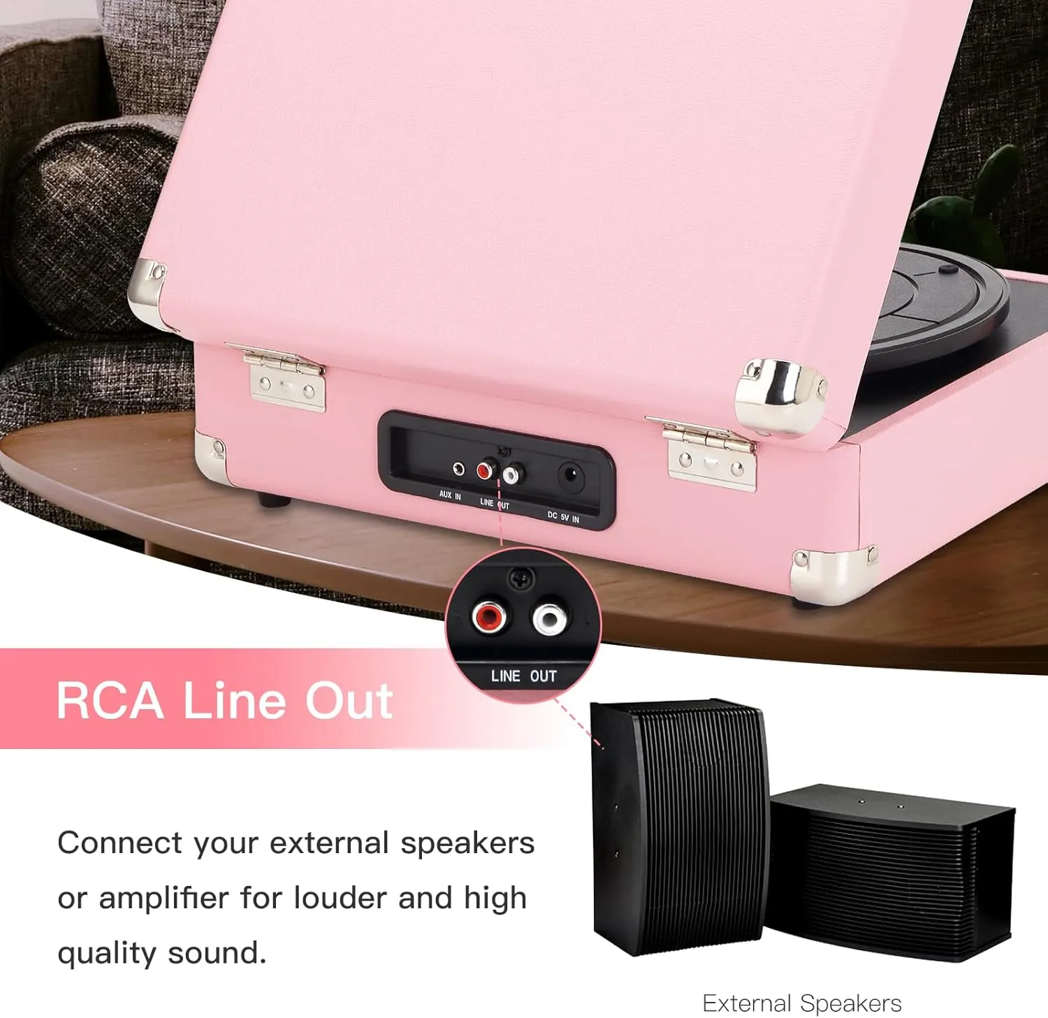 Pink Vinyl Record Player 3 Speeds Portable Suitcase Turntable with Built-in Dual Speakers, Bluetooth Gramophone with Built-in Battery 3.5mm Aux Input/RCA Output