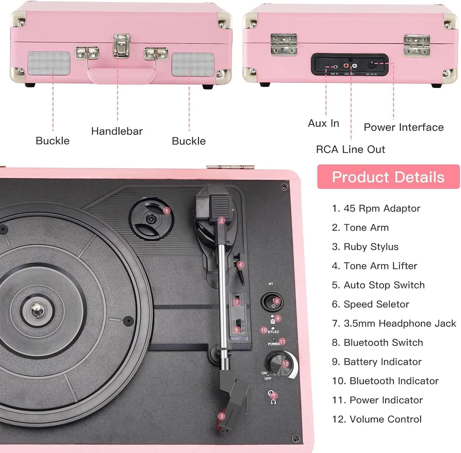 Pink Vinyl Record Player 3 Speeds Portable Suitcase Turntable with Built-in Dual Speakers, Bluetooth Gramophone with Built-in Battery 3.5mm Aux Input/RCA Output