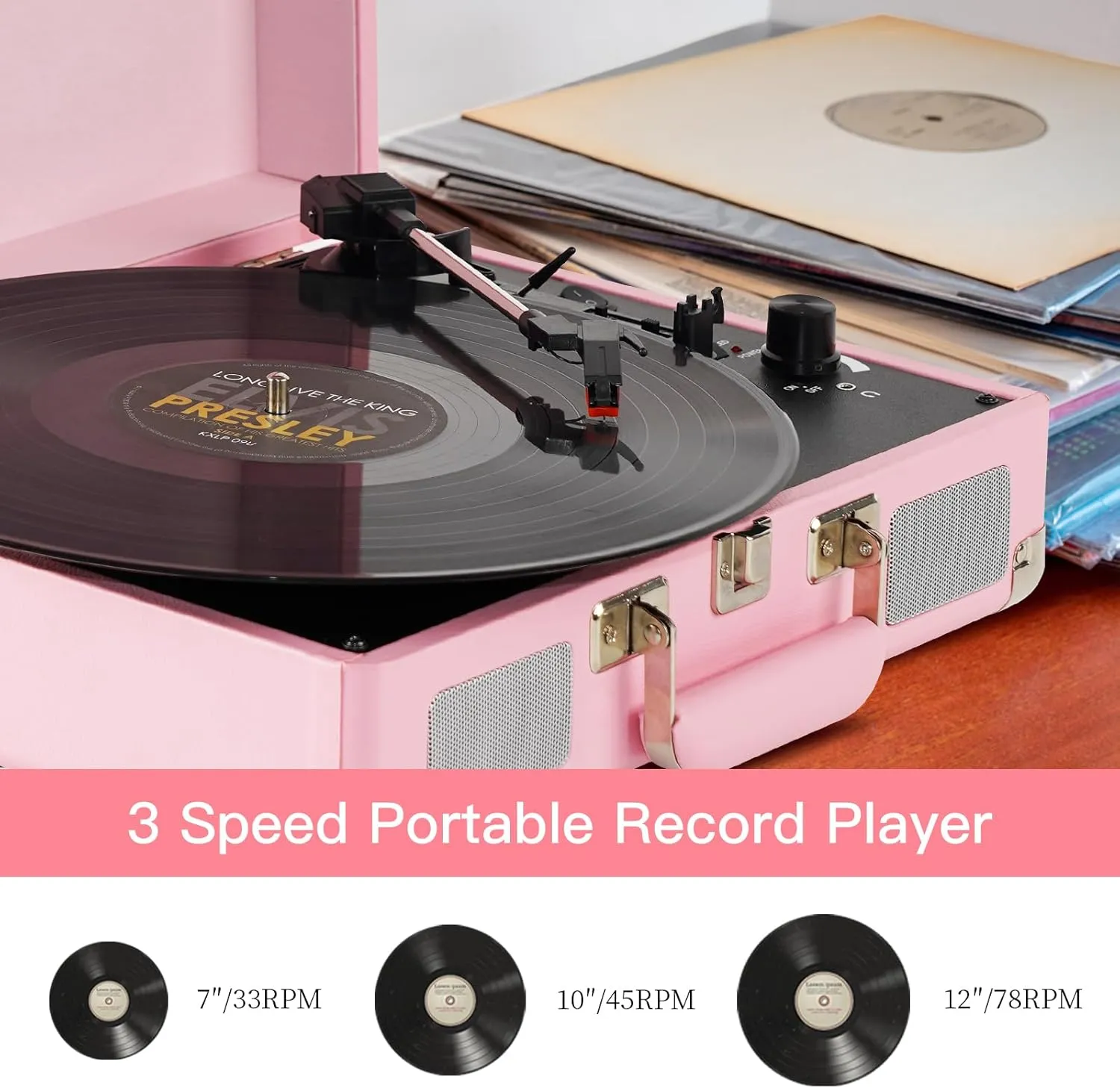 Pink Vinyl Record Player 3 Speeds Portable Suitcase Turntable with Built-in Dual Speakers, Bluetooth Gramophone with Built-in Battery 3.5mm Aux Input/RCA Output