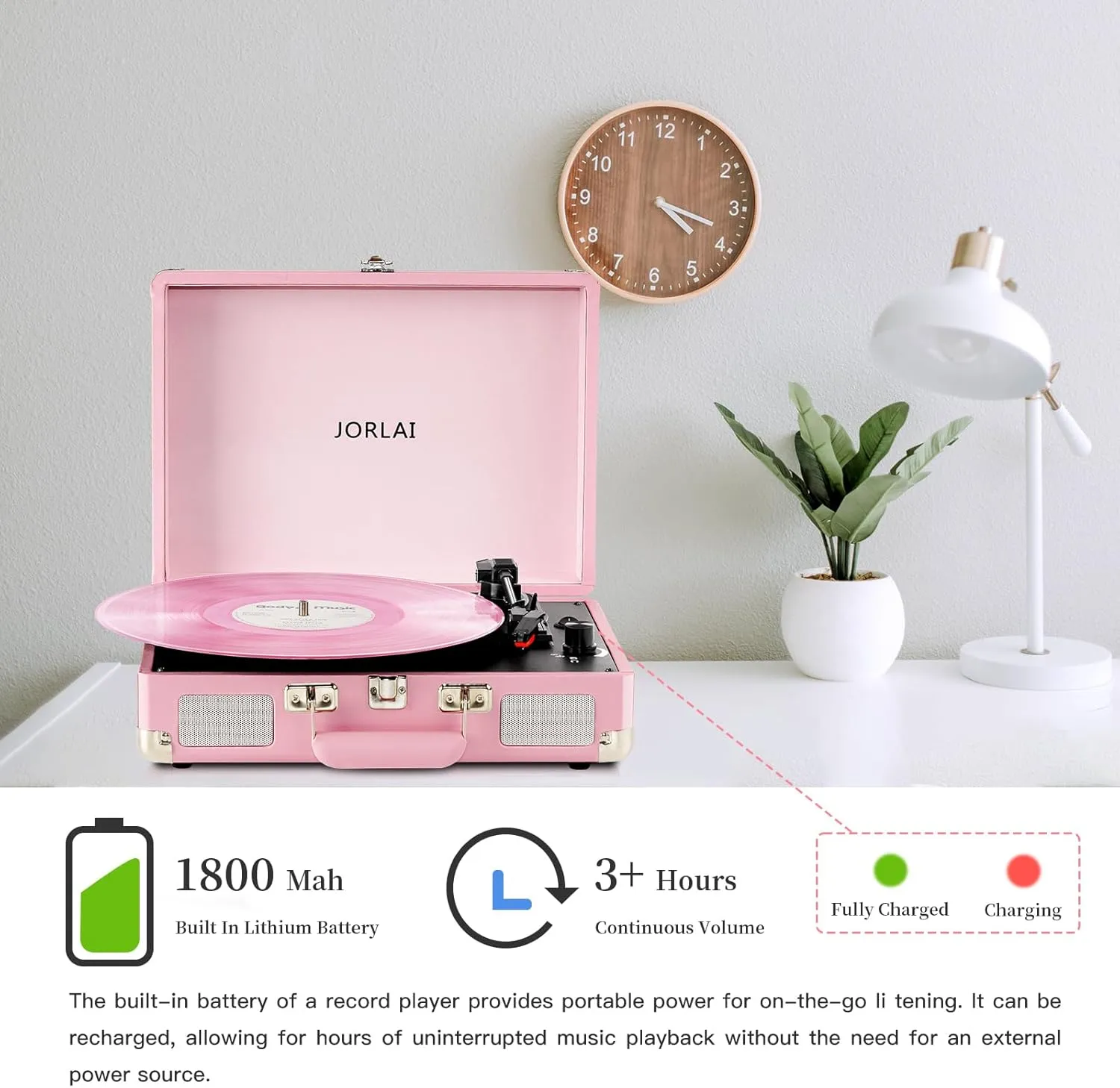 Pink Vinyl Record Player 3 Speeds Portable Suitcase Turntable with Built-in Dual Speakers, Bluetooth Gramophone with Built-in Battery 3.5mm Aux Input/RCA Output
