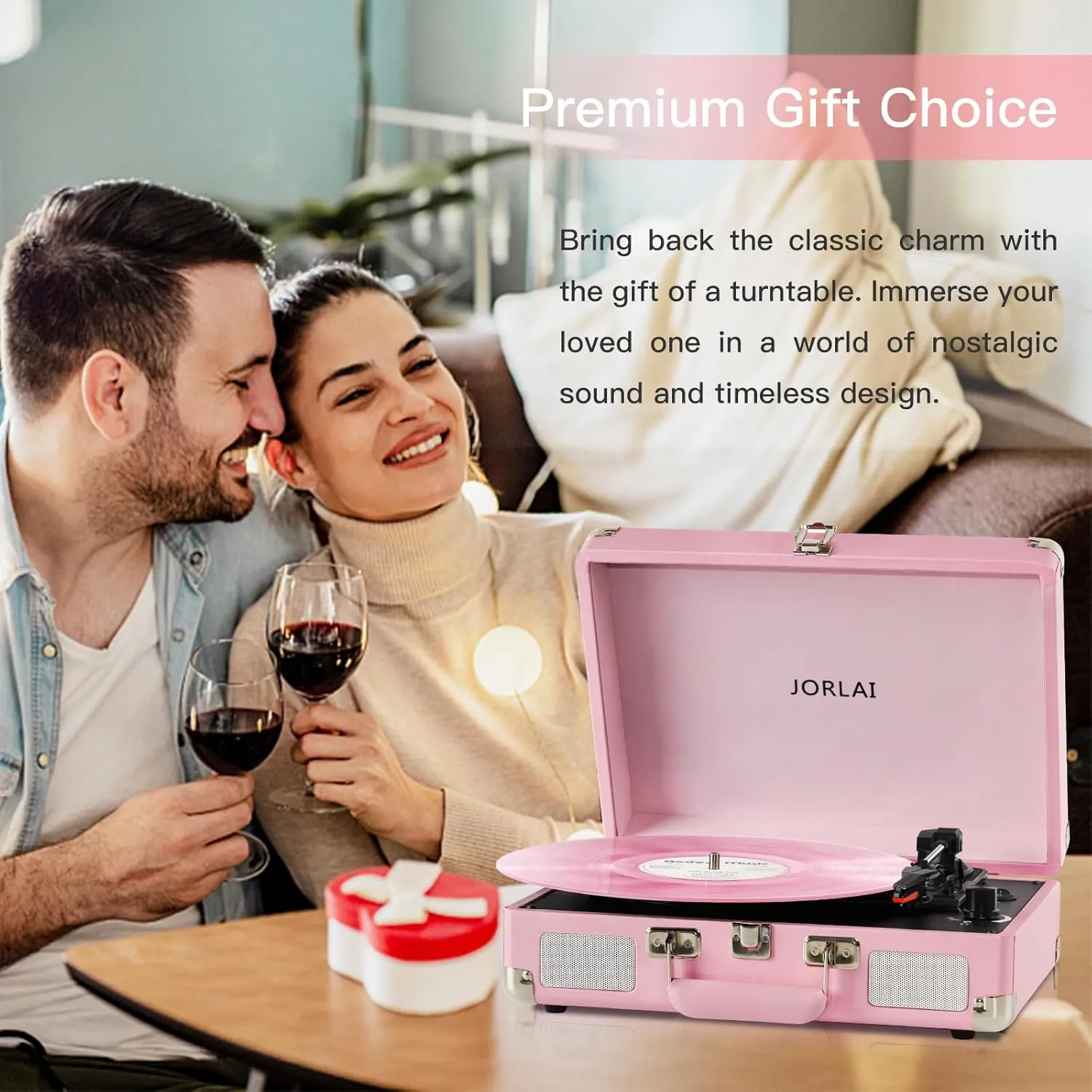 Pink Vinyl Record Player 3 Speeds Portable Suitcase Turntable with Built-in Dual Speakers, Bluetooth Gramophone with Built-in Battery 3.5mm Aux Input/RCA Output