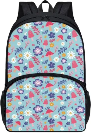 PinUp Angel Blue Purple Floral Red Mushroom Print Cute Backpacks for Girls Boys School Bag, Casual Simple School Backpacks for Kids Water-resistant Bookbags