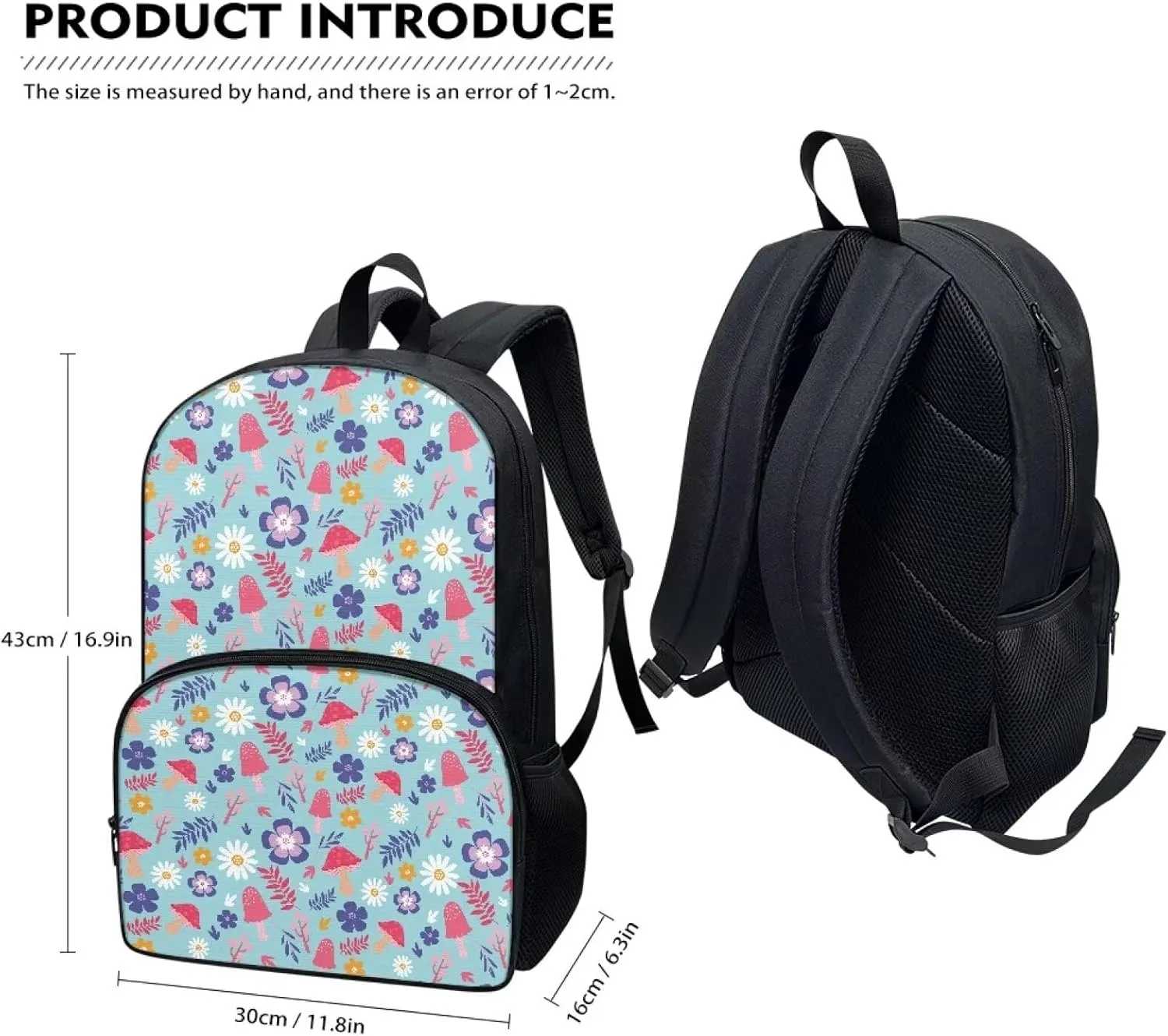 PinUp Angel Blue Purple Floral Red Mushroom Print Cute Backpacks for Girls Boys School Bag, Casual Simple School Backpacks for Kids Water-resistant Bookbags