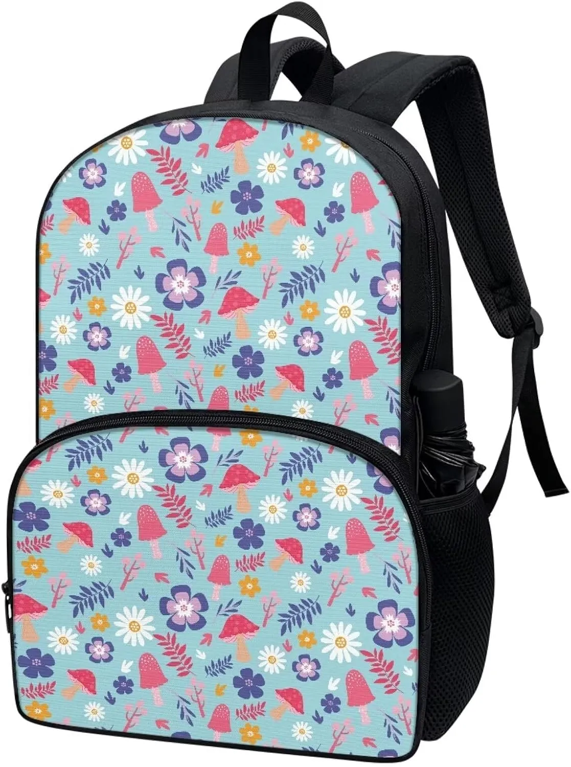 PinUp Angel Blue Purple Floral Red Mushroom Print Cute Backpacks for Girls Boys School Bag, Casual Simple School Backpacks for Kids Water-resistant Bookbags