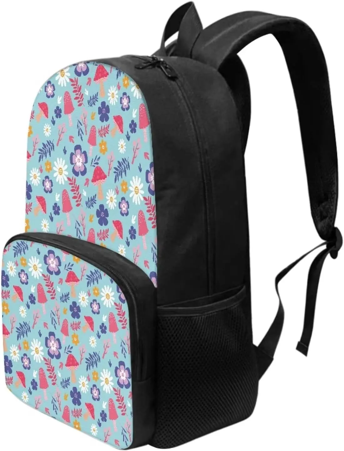 PinUp Angel Blue Purple Floral Red Mushroom Print Cute Backpacks for Girls Boys School Bag, Casual Simple School Backpacks for Kids Water-resistant Bookbags