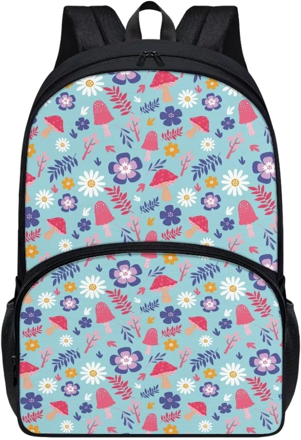PinUp Angel Blue Purple Floral Red Mushroom Print Cute Backpacks for Girls Boys School Bag, Casual Simple School Backpacks for Kids Water-resistant Bookbags