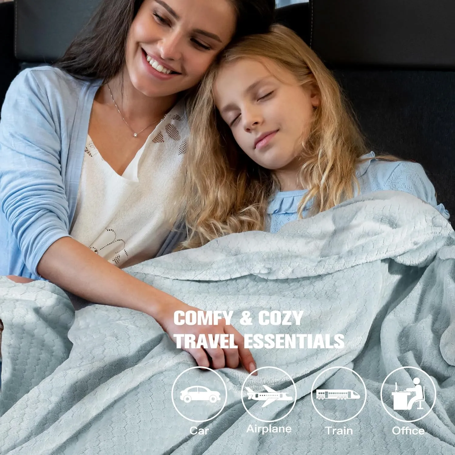 Plush & Plaid 2-Pack Travel Blanket Airplane Compact with Bag, Mid-Weight Soft Throw Blanket Pillow for Long/Short Flight, Portable Packable with Luggage Sleeve and Backpack Clip, 40x65, Blue