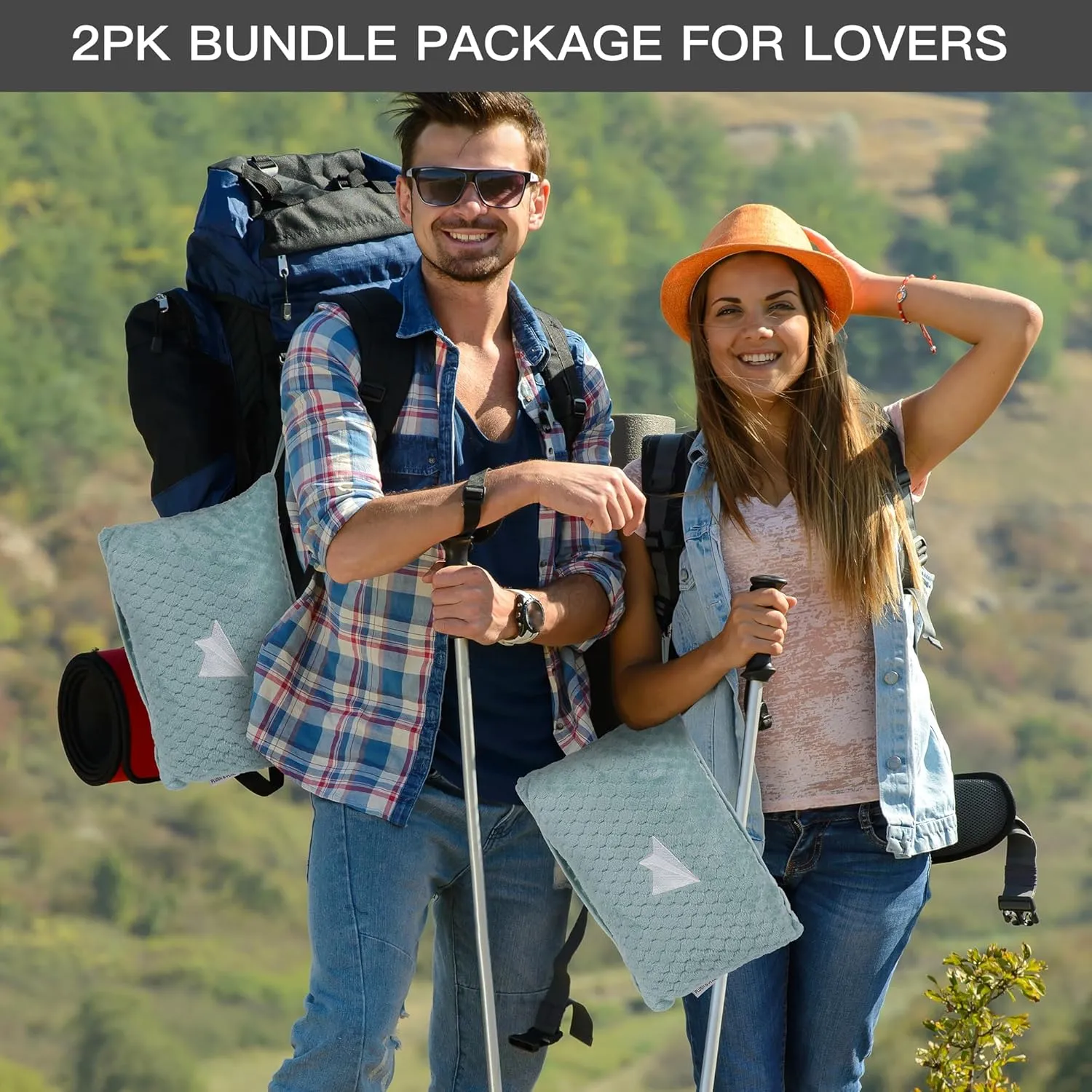 Plush & Plaid 2-Pack Travel Blanket Airplane Compact with Bag, Mid-Weight Soft Throw Blanket Pillow for Long/Short Flight, Portable Packable with Luggage Sleeve and Backpack Clip, 40x65, Blue
