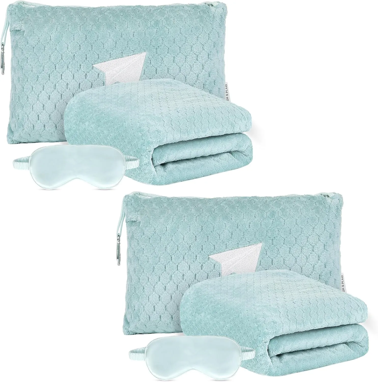Plush & Plaid 2-Pack Travel Blanket Airplane Compact with Bag, Mid-Weight Soft Throw Blanket Pillow for Long/Short Flight, Portable Packable with Luggage Sleeve and Backpack Clip, 40x65, Blue