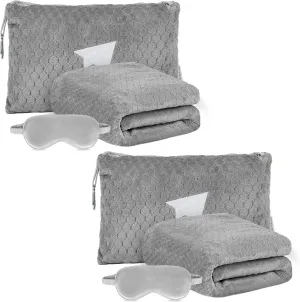 Plush & Plaid 2-Pack Travel Blanket Airplane Compact with Bag, Mid-Weight Soft Throw Blanket Pillow for Long/Short Flight, Portable Packable with Luggage Sleeve and Backpack Clip, 40x65, Gray