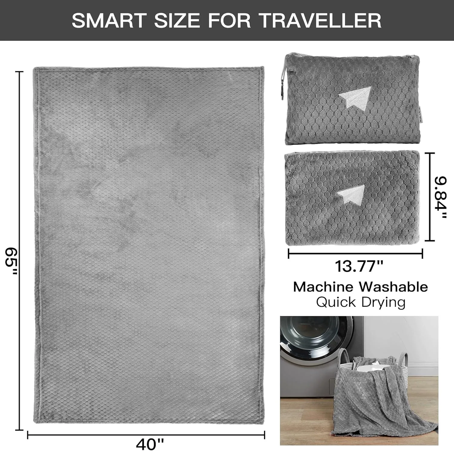 Plush & Plaid 2-Pack Travel Blanket Airplane Compact with Bag, Mid-Weight Soft Throw Blanket Pillow for Long/Short Flight, Portable Packable with Luggage Sleeve and Backpack Clip, 40x65, Gray