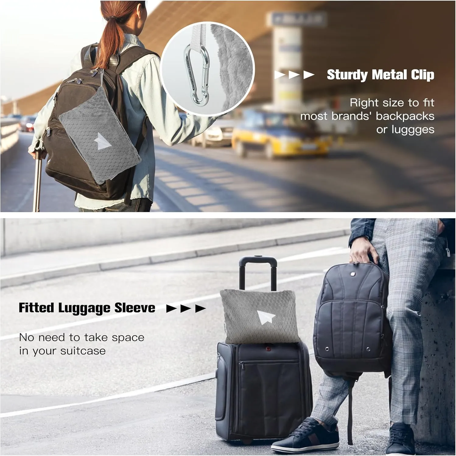 Plush & Plaid 2-Pack Travel Blanket Airplane Compact with Bag, Mid-Weight Soft Throw Blanket Pillow for Long/Short Flight, Portable Packable with Luggage Sleeve and Backpack Clip, 40x65, Gray