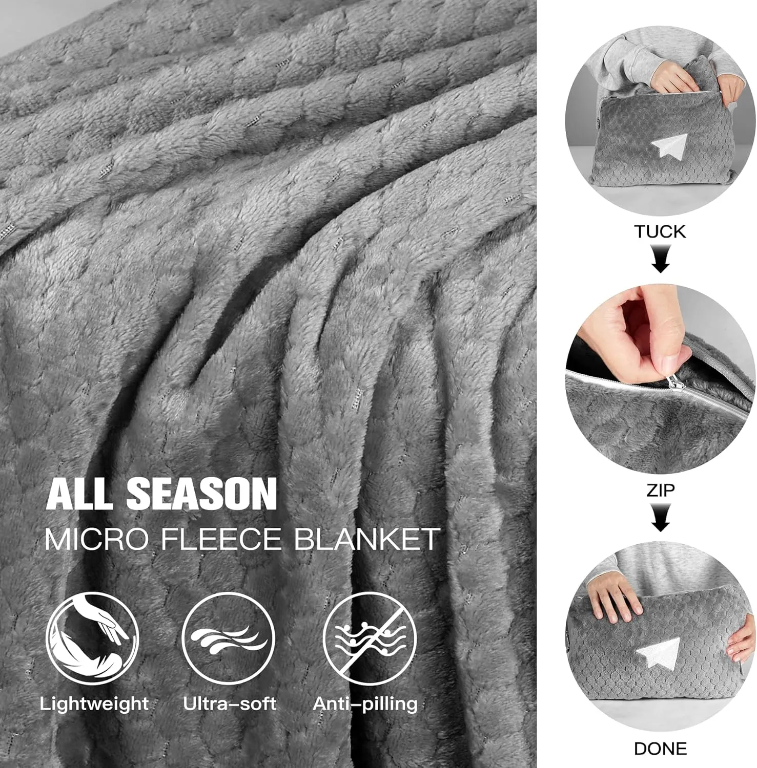 Plush & Plaid 2-Pack Travel Blanket Airplane Compact with Bag, Mid-Weight Soft Throw Blanket Pillow for Long/Short Flight, Portable Packable with Luggage Sleeve and Backpack Clip, 40x65, Gray