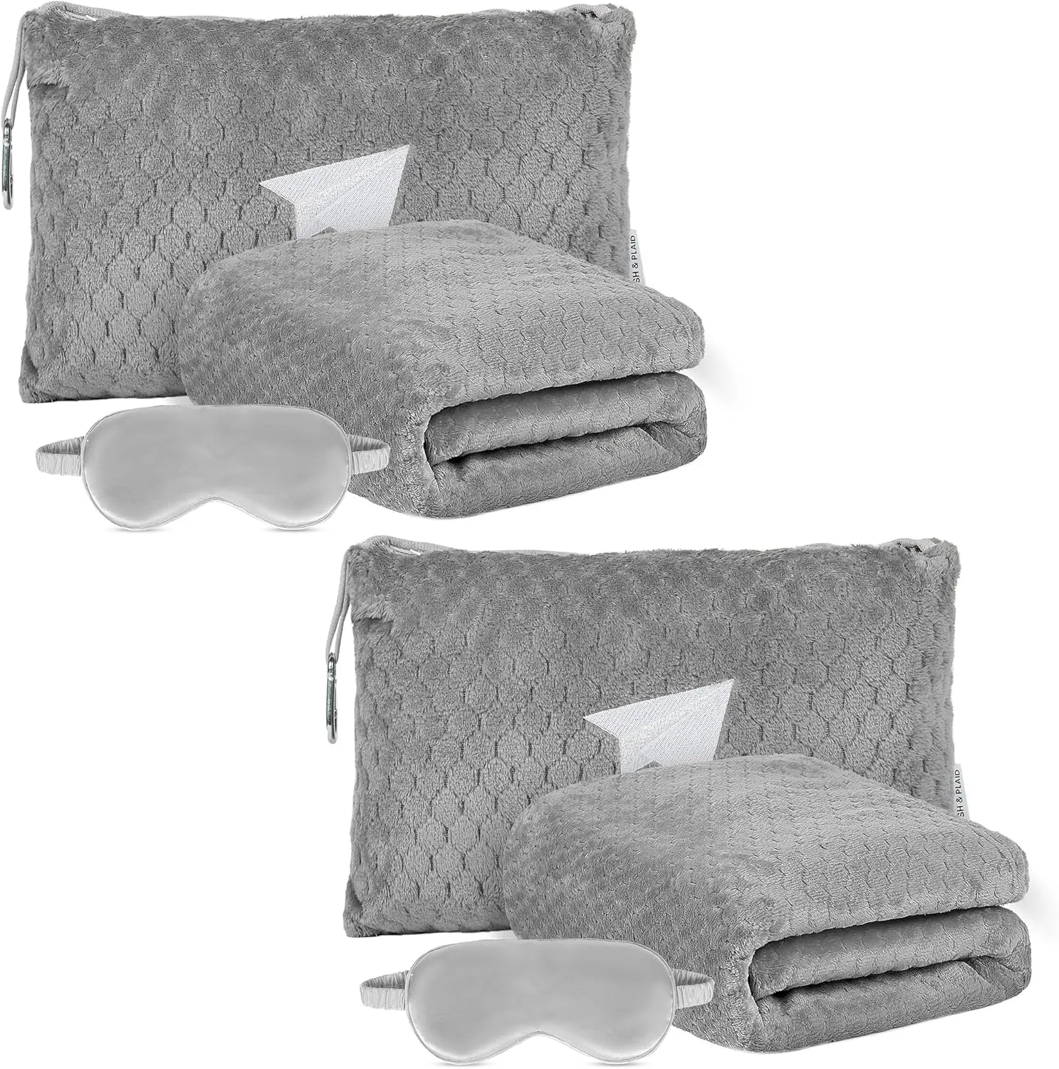 Plush & Plaid 2-Pack Travel Blanket Airplane Compact with Bag, Mid-Weight Soft Throw Blanket Pillow for Long/Short Flight, Portable Packable with Luggage Sleeve and Backpack Clip, 40x65, Gray