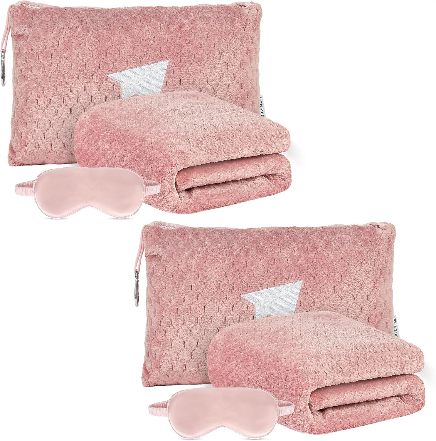 Plush & Plaid 2-Pack Travel Blanket Airplane Compact with Bag, Mid-Weight Soft Throw Blanket Pillow for Long/Short Flight, Portable Packable with Luggage Sleeve and Backpack Clip, 40x65, Pink