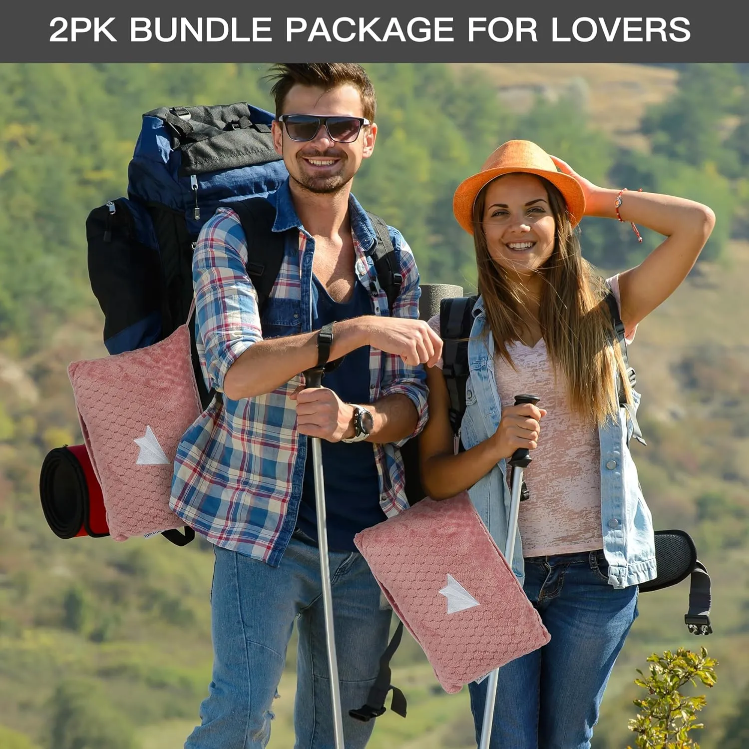 Plush & Plaid 2-Pack Travel Blanket Airplane Compact with Bag, Mid-Weight Soft Throw Blanket Pillow for Long/Short Flight, Portable Packable with Luggage Sleeve and Backpack Clip, 40x65, Pink