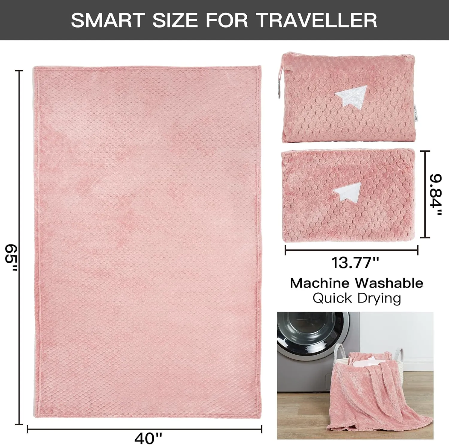 Plush & Plaid 2-Pack Travel Blanket Airplane Compact with Bag, Mid-Weight Soft Throw Blanket Pillow for Long/Short Flight, Portable Packable with Luggage Sleeve and Backpack Clip, 40x65, Pink