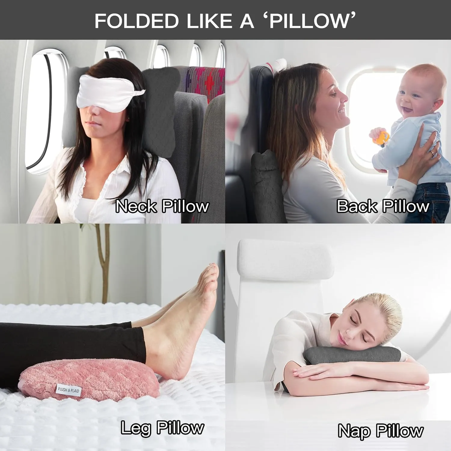 Plush & Plaid 2-Pack Travel Blanket Airplane Compact with Bag, Mid-Weight Soft Throw Blanket Pillow for Long/Short Flight, Portable Packable with Luggage Sleeve and Backpack Clip, 40x65, Pink