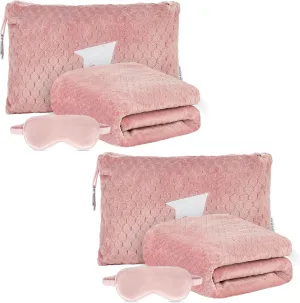 Plush & Plaid 2-Pack Travel Blanket Airplane Compact with Bag, Mid-Weight Soft Throw Blanket Pillow for Long/Short Flight, Portable Packable with Luggage Sleeve and Backpack Clip, 40x65, Pink