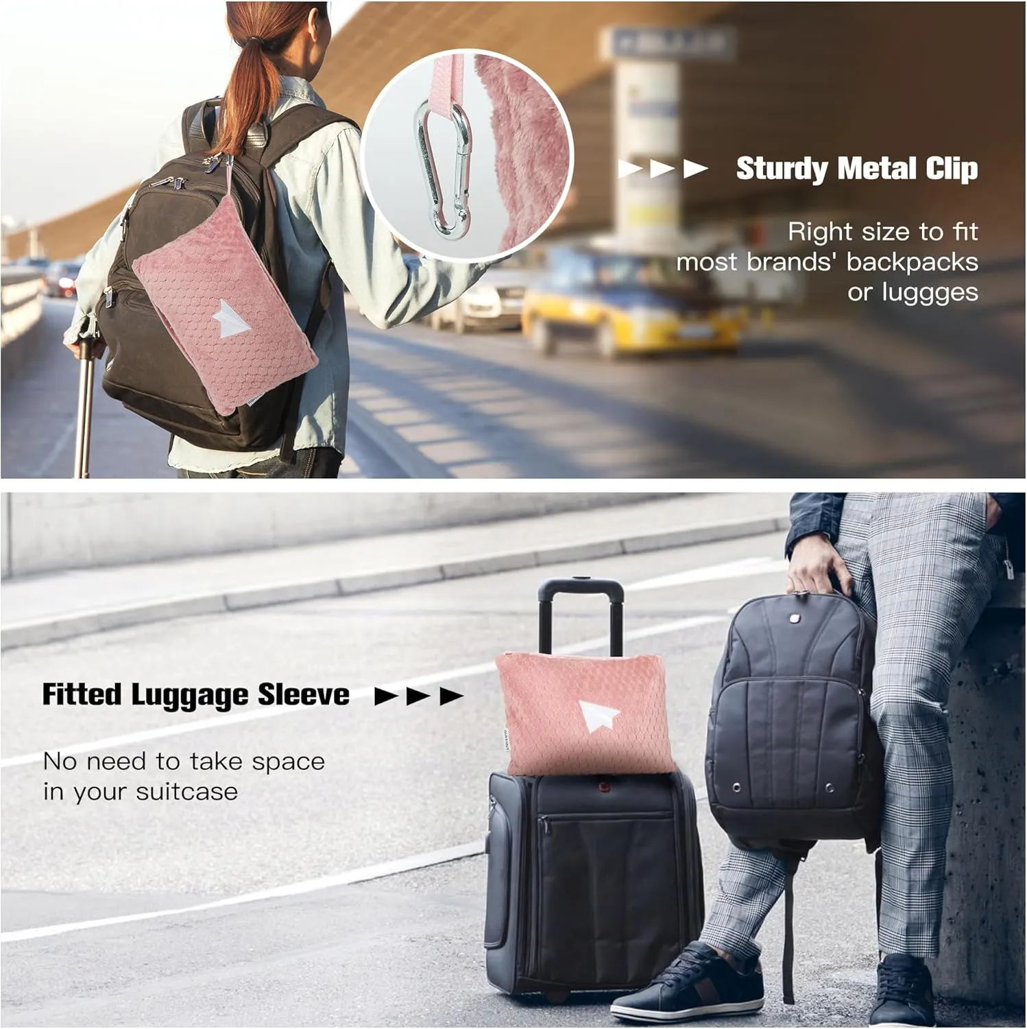 Plush & Plaid 2-Pack Travel Blanket Airplane Compact with Bag, Mid-Weight Soft Throw Blanket Pillow for Long/Short Flight, Portable Packable with Luggage Sleeve and Backpack Clip, 40x65, Pink