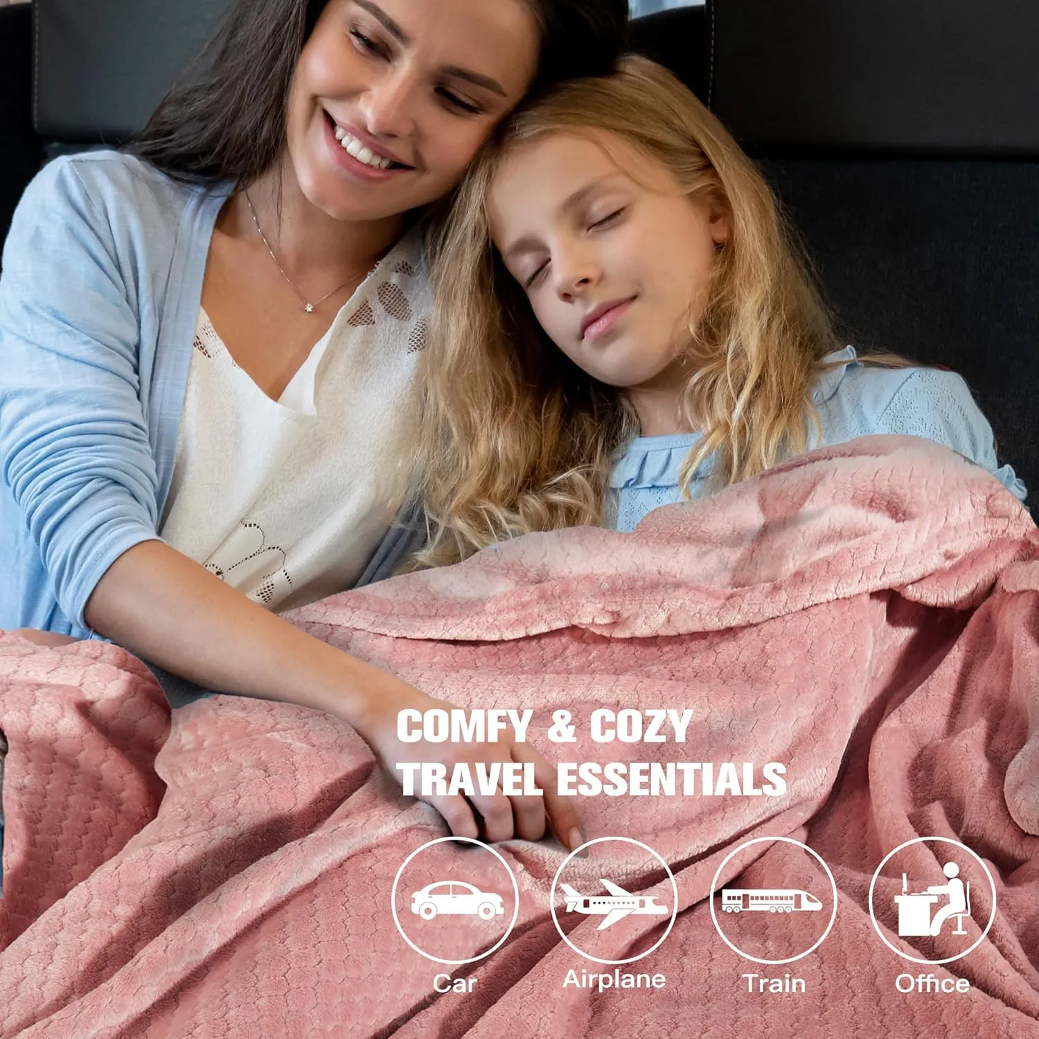 Plush & Plaid 2-Pack Travel Blanket Airplane Compact with Bag, Mid-Weight Soft Throw Blanket Pillow for Long/Short Flight, Portable Packable with Luggage Sleeve and Backpack Clip, 40x65, Pink