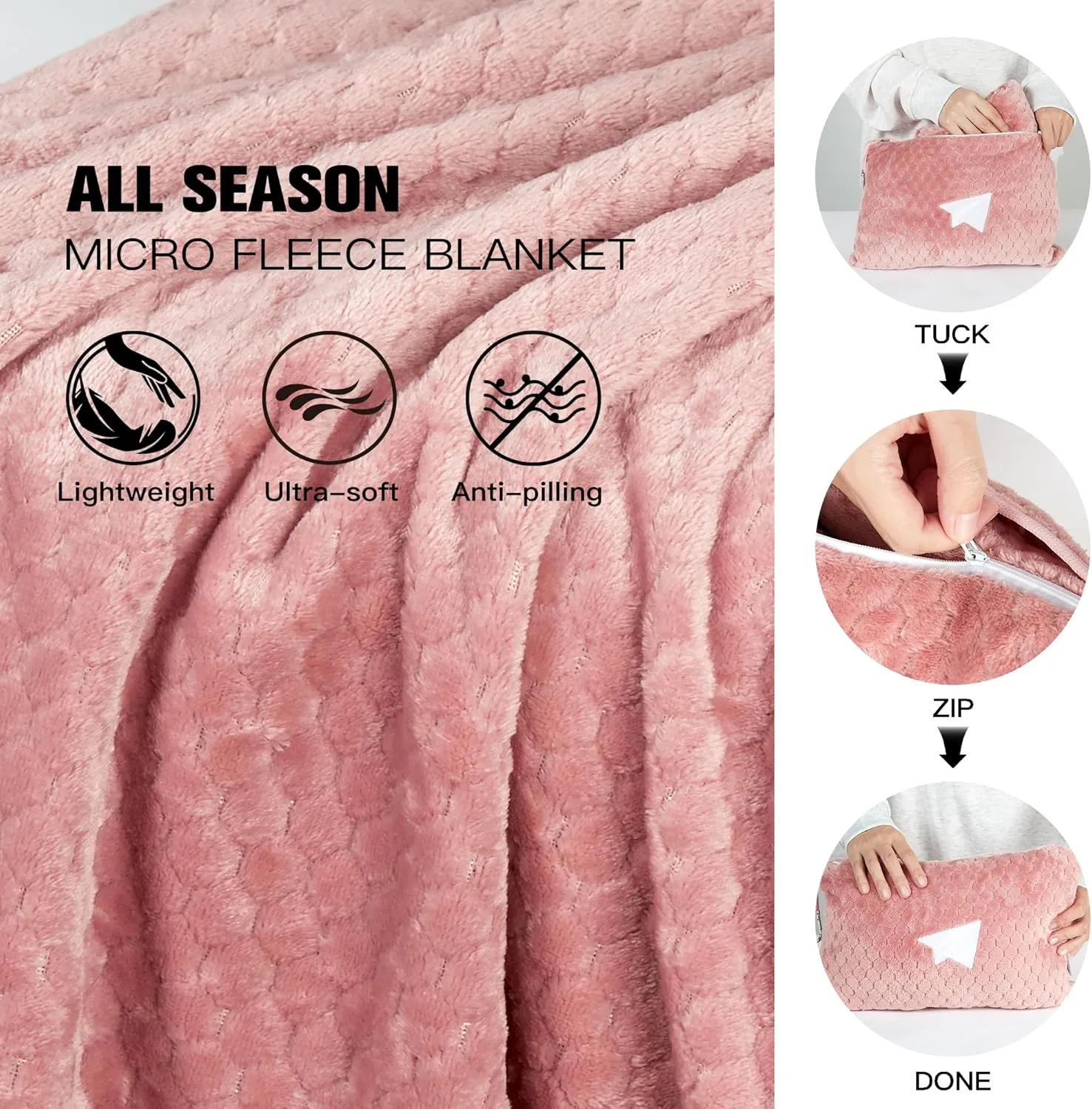 Plush & Plaid 2-Pack Travel Blanket Airplane Compact with Bag, Mid-Weight Soft Throw Blanket Pillow for Long/Short Flight, Portable Packable with Luggage Sleeve and Backpack Clip, 40x65, Pink