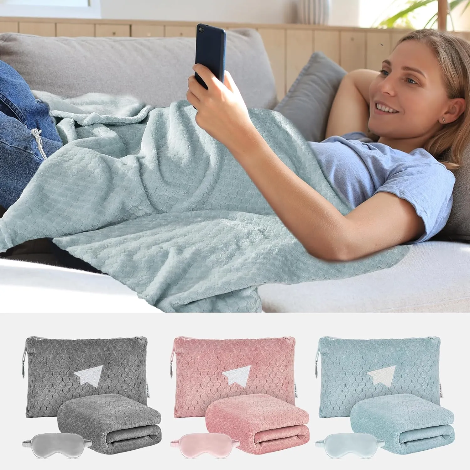 Plush & Plaid Travel Blanket Airplane Compact with Bag, Mid-Weight Soft Throw Blanket Pillow for Long/Short Flight, Portable Packable with Luggage Sleeve and Backpack Clip, 40x65, Blue