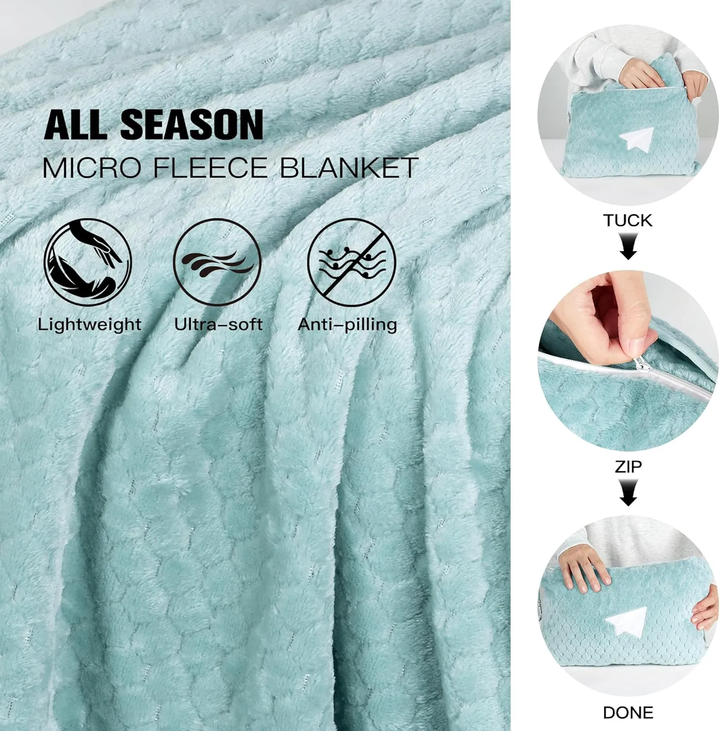 Plush & Plaid Travel Blanket Airplane Compact with Bag, Mid-Weight Soft Throw Blanket Pillow for Long/Short Flight, Portable Packable with Luggage Sleeve and Backpack Clip, 40x65, Blue