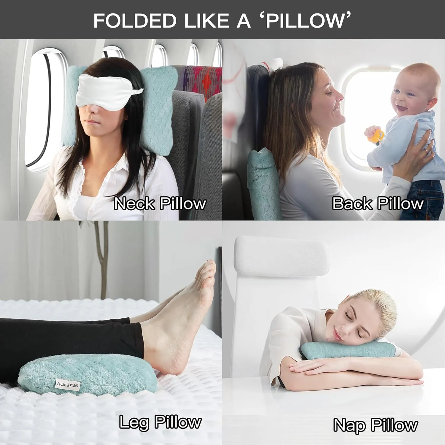 Plush & Plaid Travel Blanket Airplane Compact with Bag, Mid-Weight Soft Throw Blanket Pillow for Long/Short Flight, Portable Packable with Luggage Sleeve and Backpack Clip, 40x65, Blue
