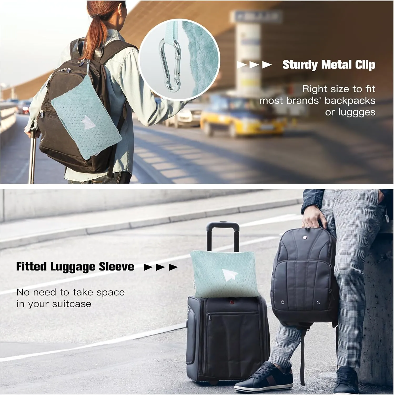 Plush & Plaid Travel Blanket Airplane Compact with Bag, Mid-Weight Soft Throw Blanket Pillow for Long/Short Flight, Portable Packable with Luggage Sleeve and Backpack Clip, 40x65, Blue