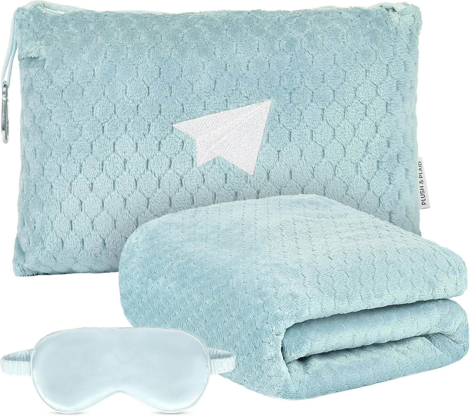 Plush & Plaid Travel Blanket Airplane Compact with Bag, Mid-Weight Soft Throw Blanket Pillow for Long/Short Flight, Portable Packable with Luggage Sleeve and Backpack Clip, 40x65, Blue