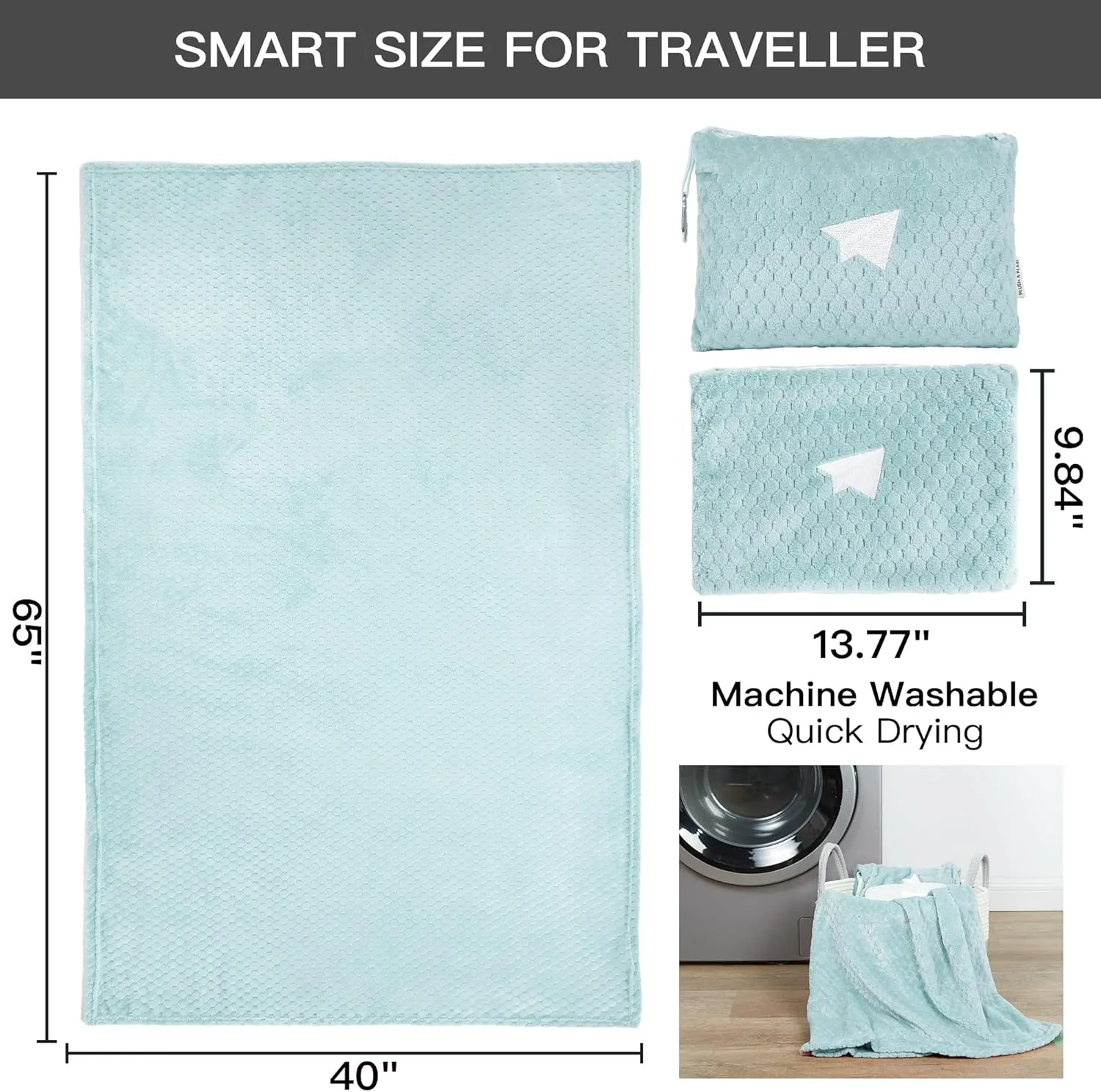 Plush & Plaid Travel Blanket Airplane Compact with Bag, Mid-Weight Soft Throw Blanket Pillow for Long/Short Flight, Portable Packable with Luggage Sleeve and Backpack Clip, 40x65, Blue