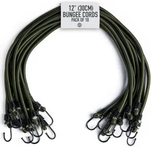 Pluvios - 12" (30CM) Bungee Cords with Hooks Heavy Duty Outdoor - 10 Pack – Choice of Sizes - Multi-Purpose Elastic Bungee Straps for Luggage, Camping - Weatherproof & UV