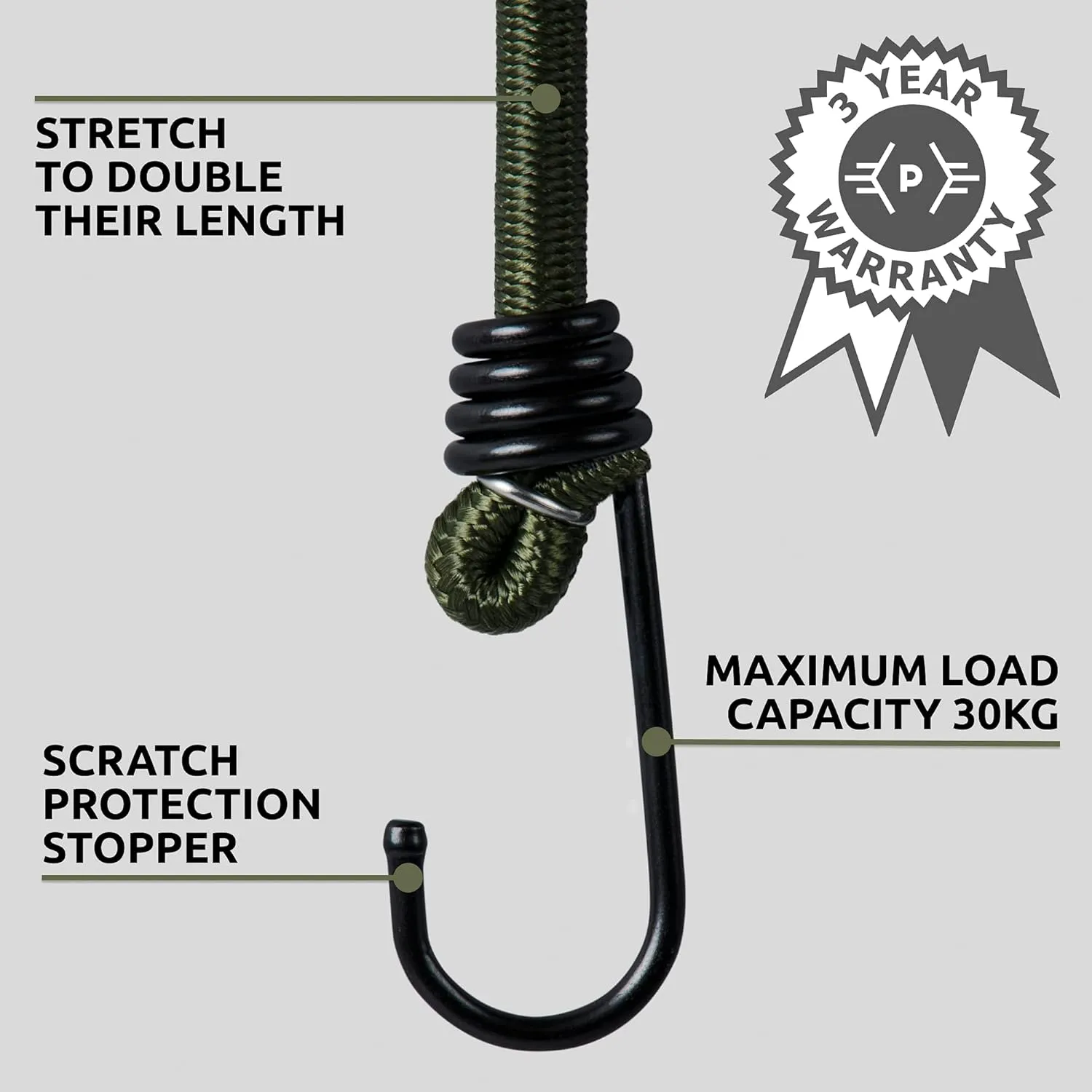 Pluvios - 12" (30CM) Bungee Cords with Hooks Heavy Duty Outdoor - 10 Pack – Choice of Sizes - Multi-Purpose Elastic Bungee Straps for Luggage, Camping - Weatherproof & UV